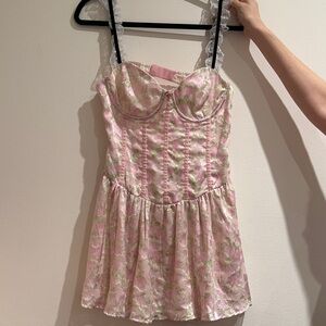 For Love & Lemons Pink and Light Green Floral Bustier Dress